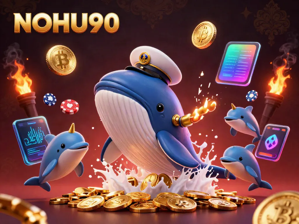 Join the fun at NOHU90, where a giant whale, narwhal, and dolphins celebrate with coins and poker chips.