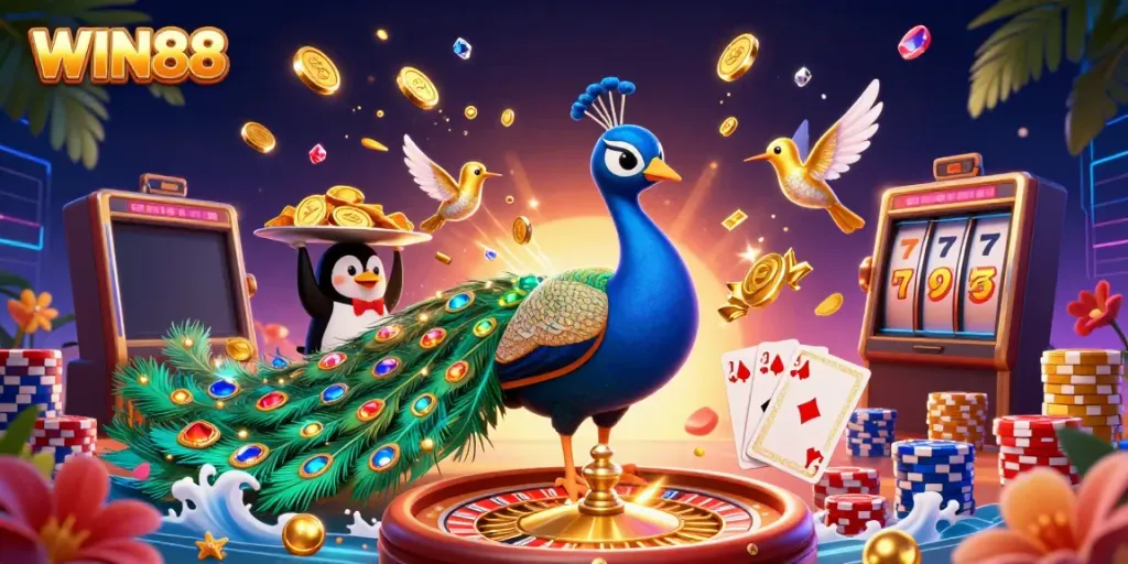 Experience the thrill of WIN88 with vibrant characters and casino excitement in this stunning 3D illustration.