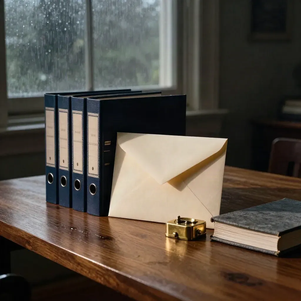 Rainy dawn finance still life with navy binders, cream envelope, brass paperweight, and ledger block