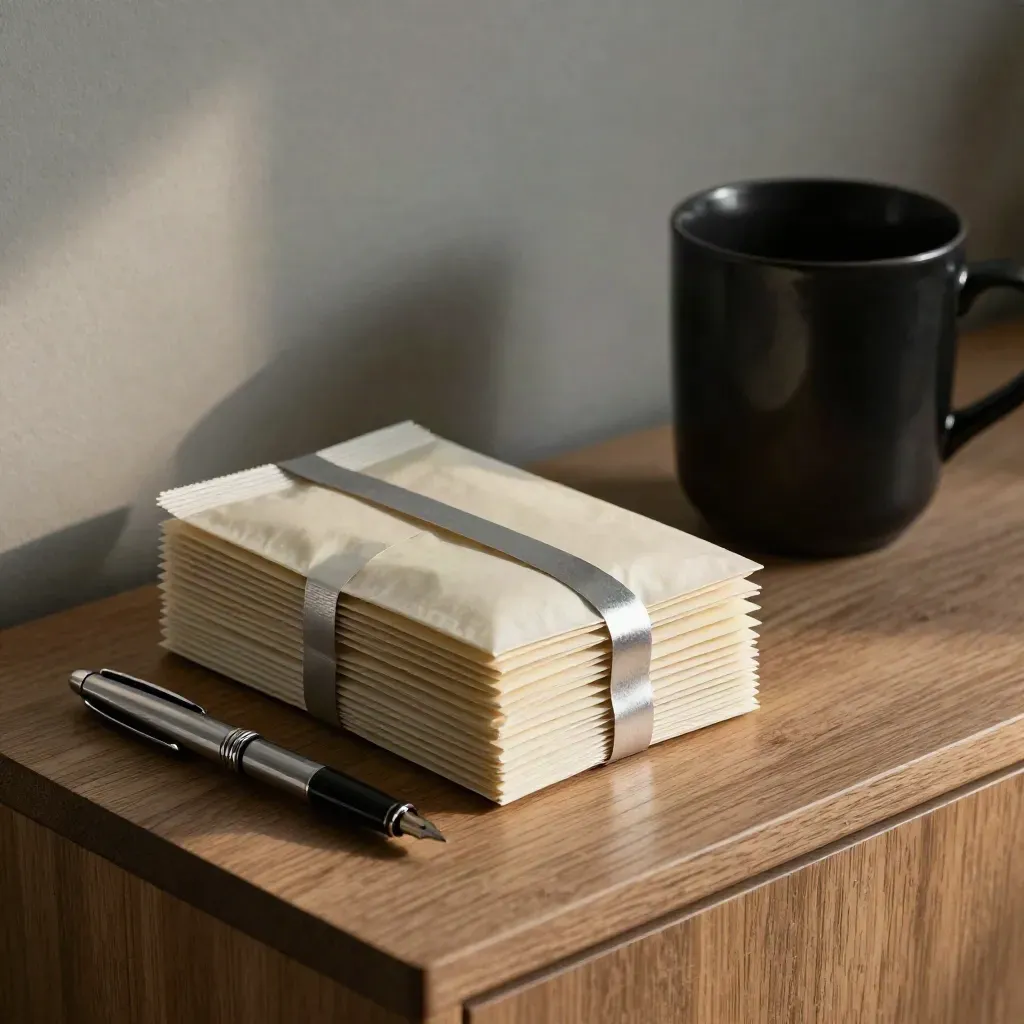 Cream investor packets, fountain pen, and black cup on an oak sideboard in warm light.