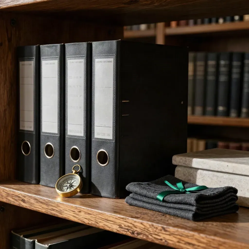 Matte black binders, brass compass, and charcoal cloth on a library shelf in sunlight.