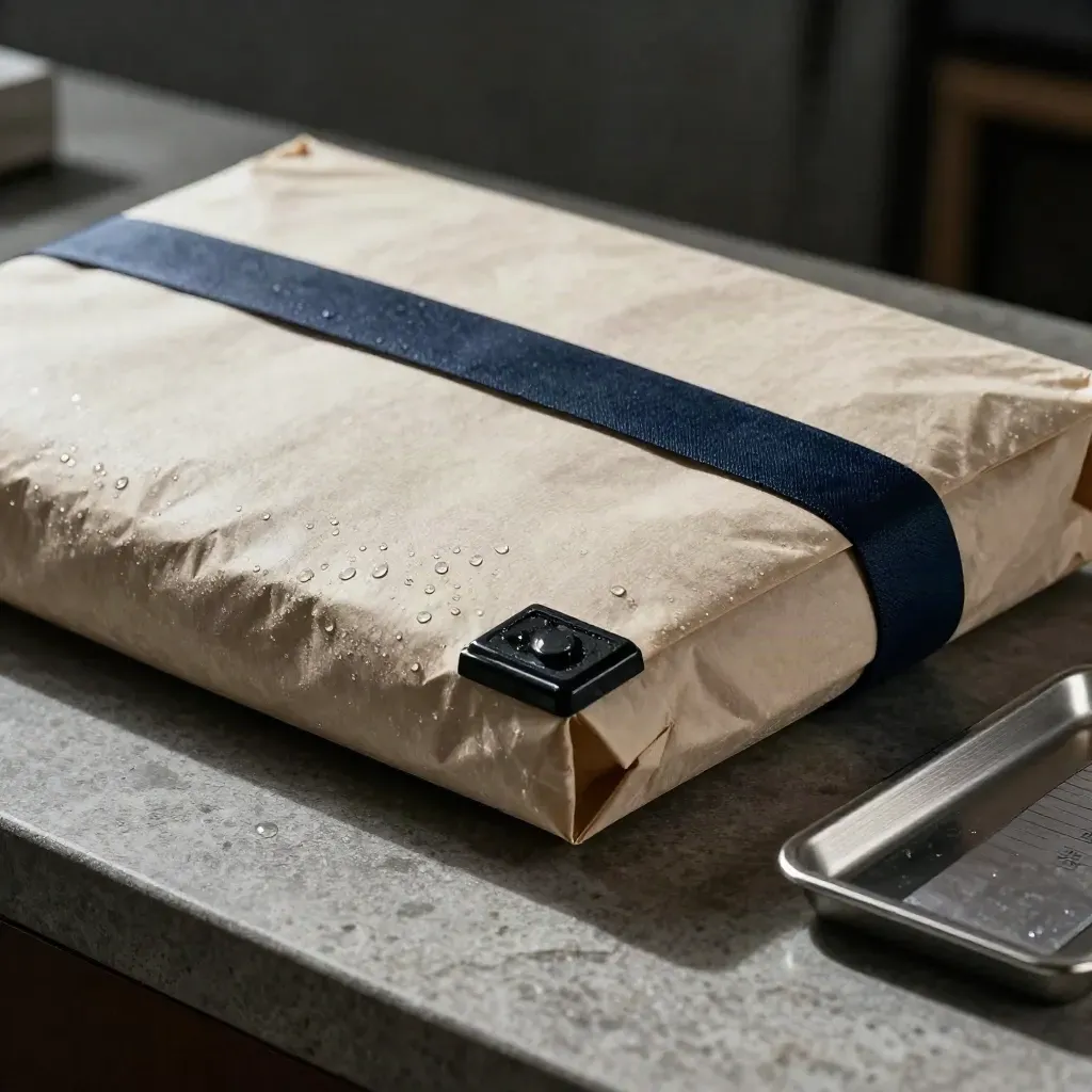 Courier packet, embossed folder, stamp pad, and receipt tray on a stone counter in dawn light.