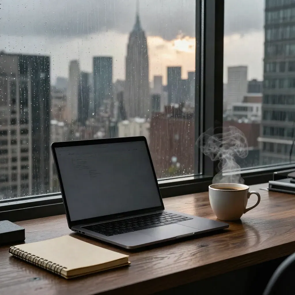 Closed laptop, notebook, and coffee by a rainy city window after the storm