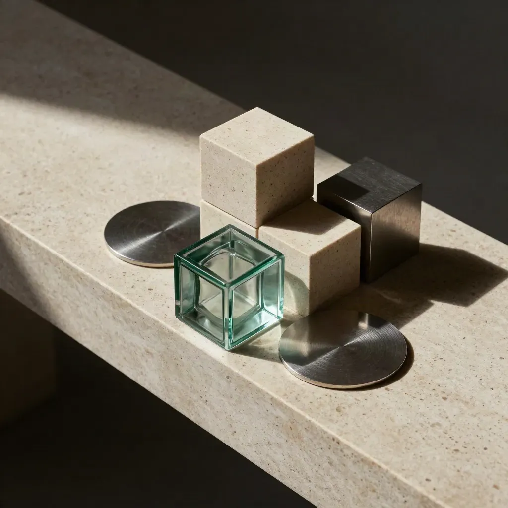 Top-down glass blocks, stone cubes and metal discs mid-sort on travertine, one emerald block in place.