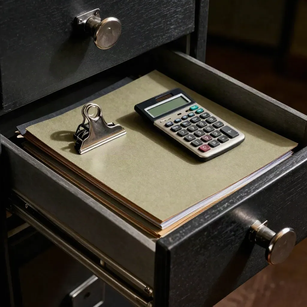 Half-open archive drawer with clips, calculator and audit trays in dramatic light