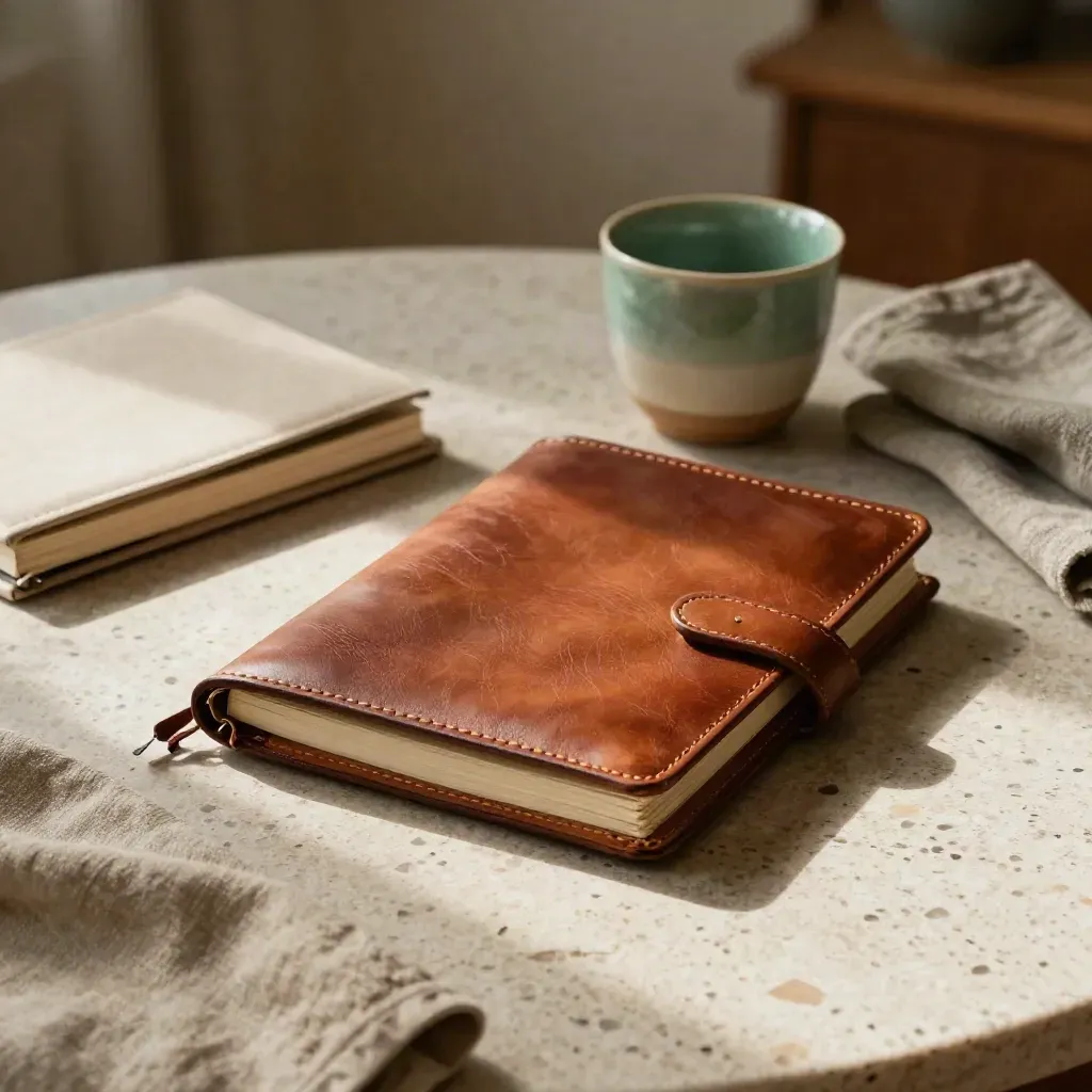 Leather folio, closed notebooks, ceramic cup, and linen cloth on a warm sunlit table.
