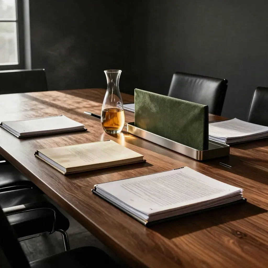 Walnut conference table with binders, carafe, and metal tray in a quiet investment room.
