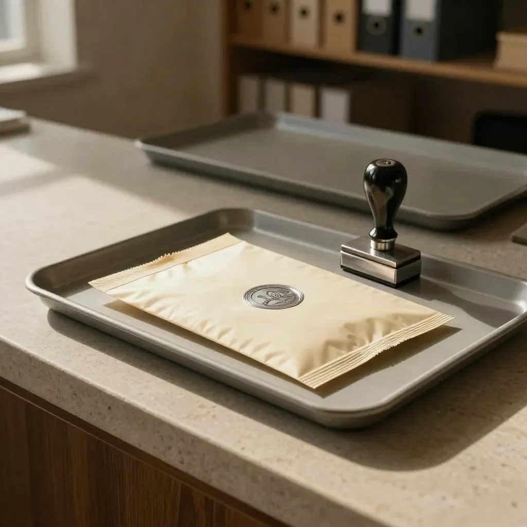 Sealed packet, rubber stamp, and dispatch tray on a pale stone counter in soft morning light.