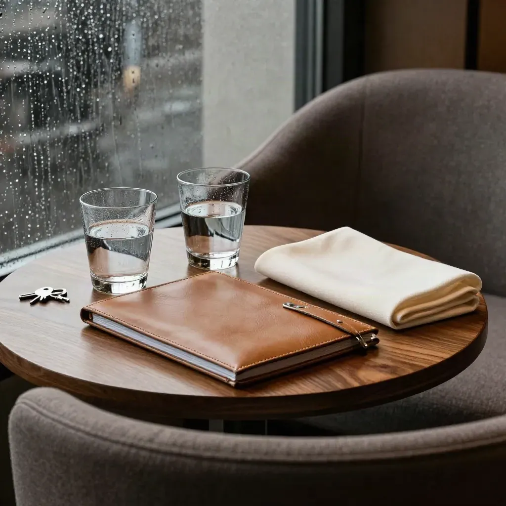 Rainy family-office lounge table with leather folio, water glasses, and folded cloth