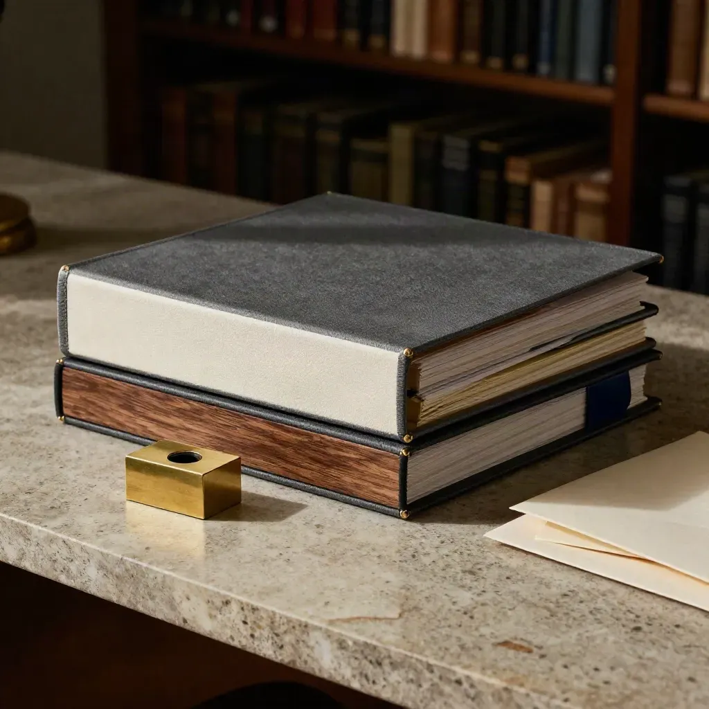 Layered finance binders and a brass paperweight on a secure table in hazy light.