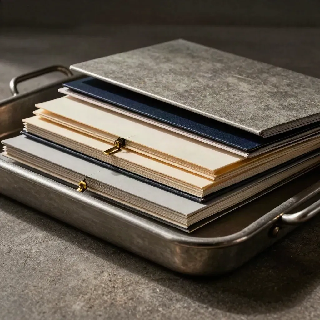 Brushed metal risk trays, clipped folders and a brass scale on stone in dramatic diagonal light.