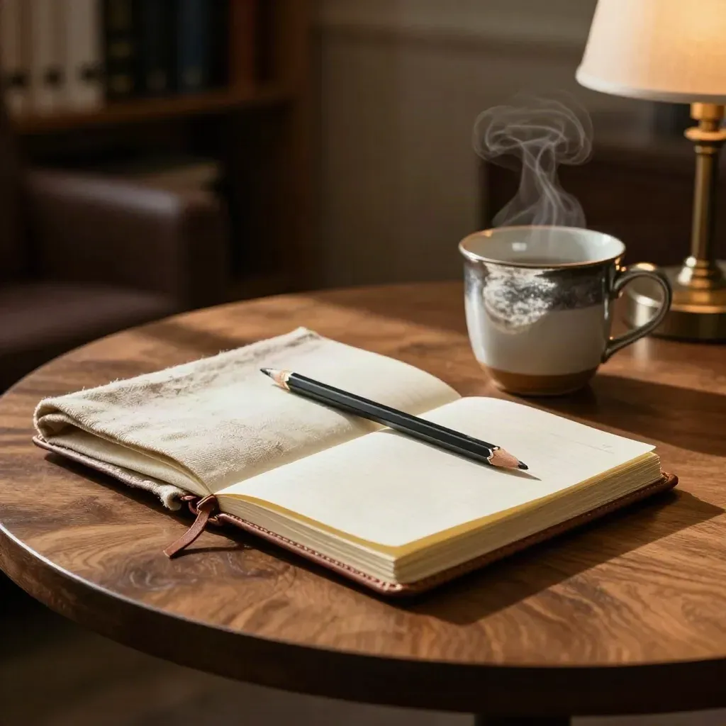 Leather notebook, linen cloth, graphite pencil and ceramic cup on a walnut side table in late-afternoon light