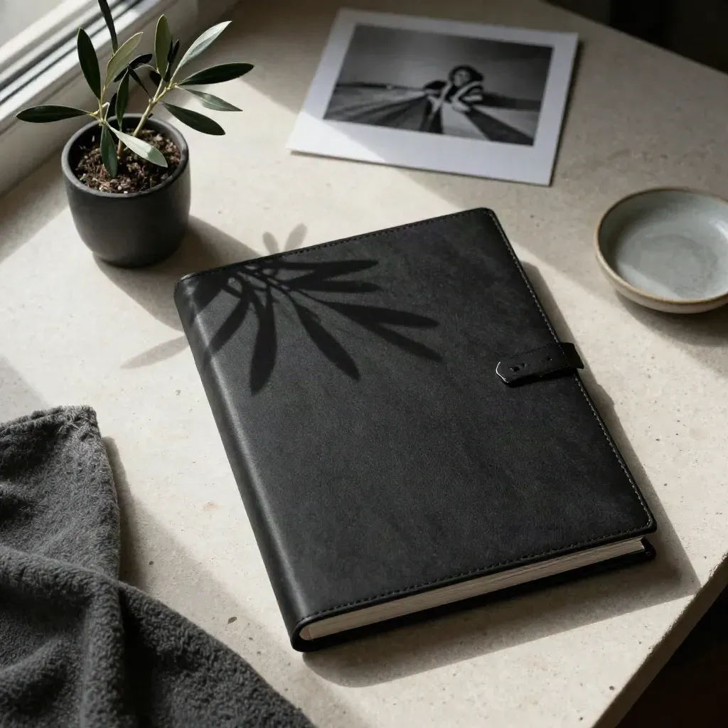 Overhead flatlay of a matte-black thesis binder with plant, wool cloth and ceramic dish.