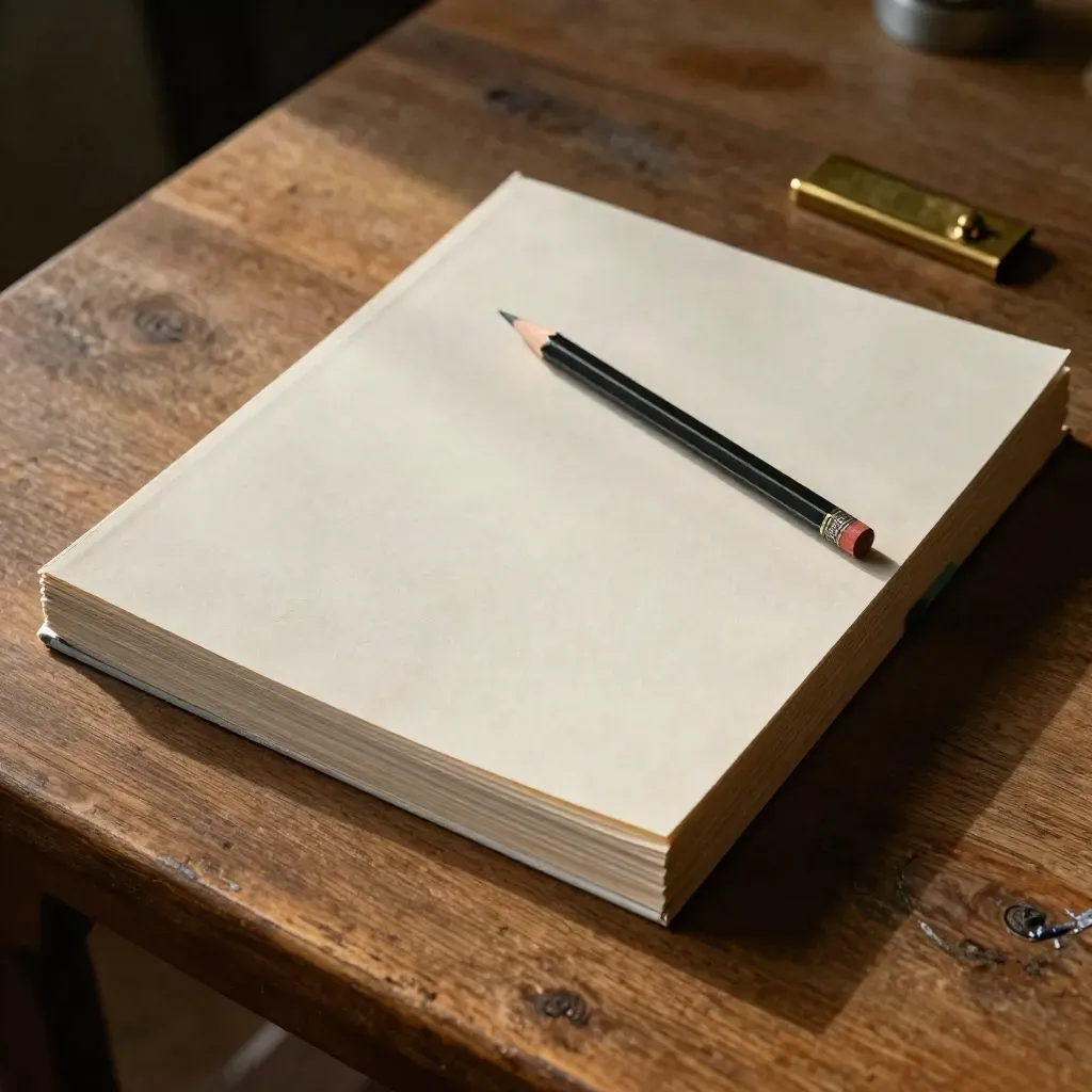 Overhead of quarterly report packets, pencil, brass clip and emerald ribbon on oak.