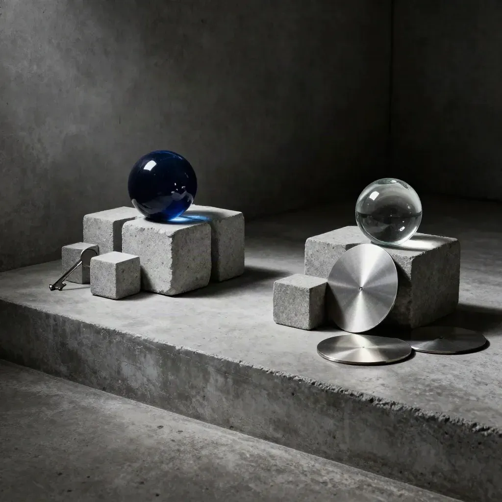 Stone cubes, glass weights and brushed-metal discs on a concrete ledge in dramatic low light.
