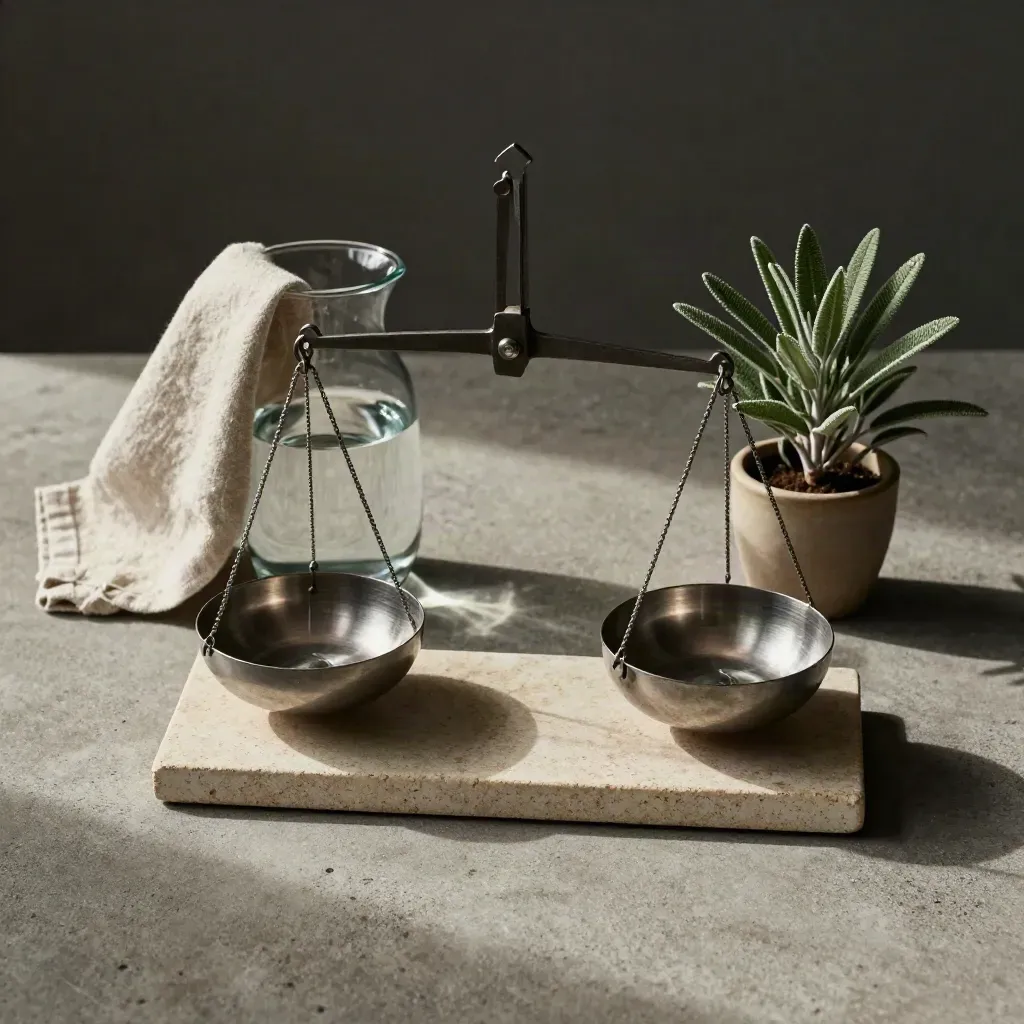 Brushed-metal balance scale, glass vessel, linen cloth and small plant on a stone tray
