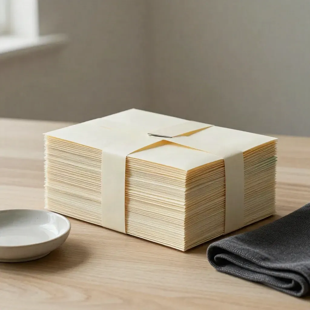 Cream note packets with silver clip, ceramic dish, and charcoal cloth on pale wood.