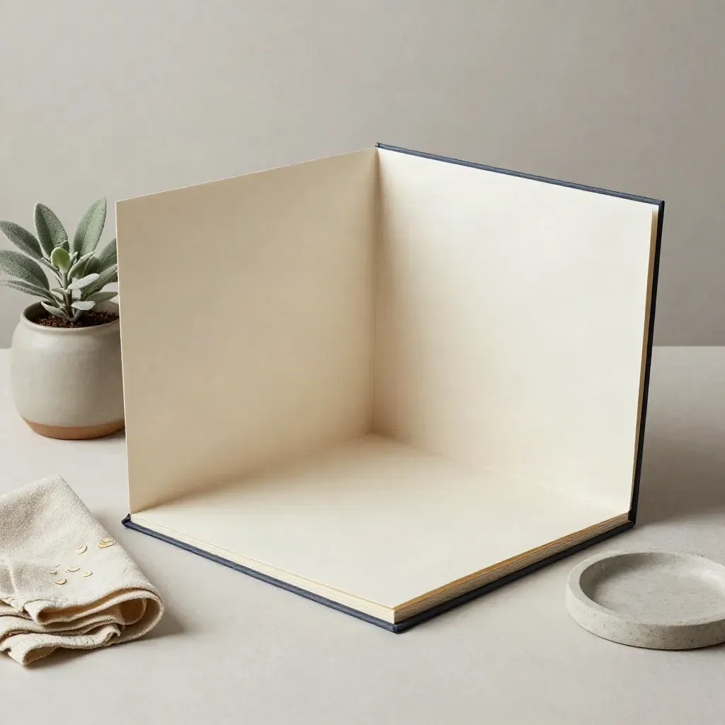 Accordion folder with dividers, plant, cloth and stone tray on plaster