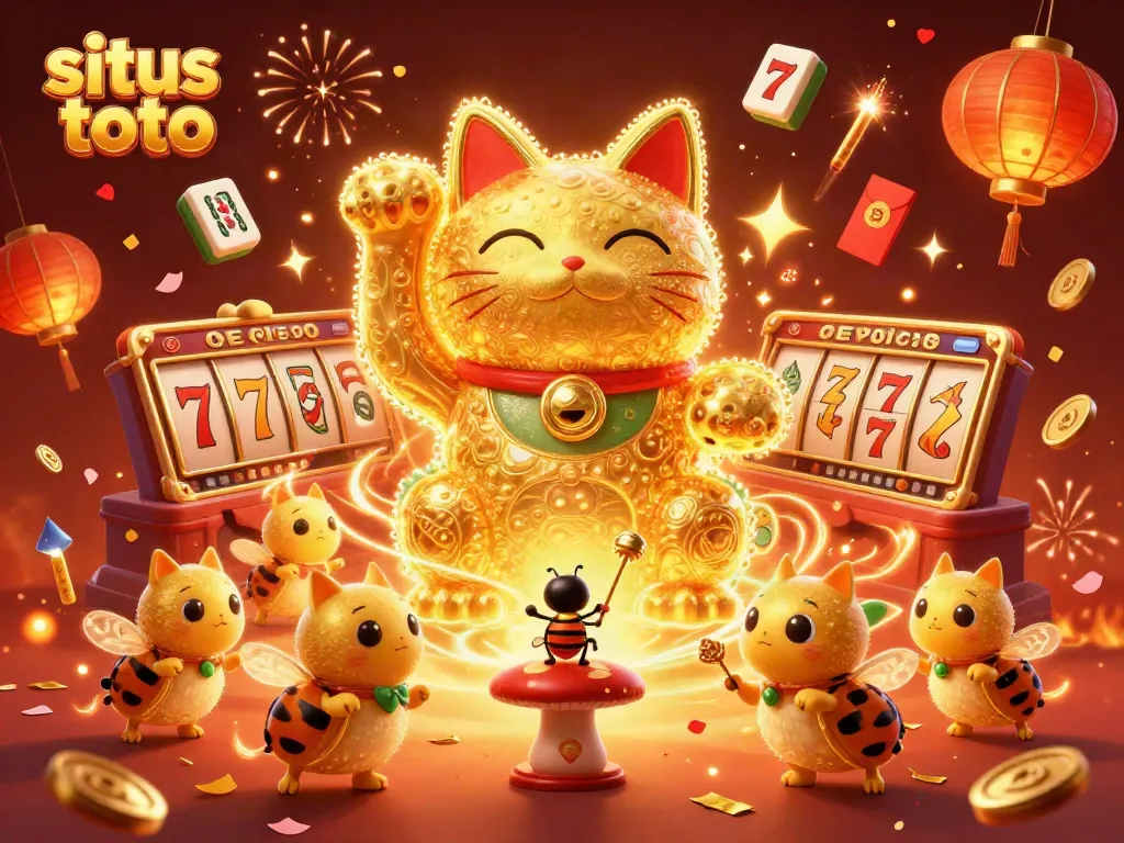 Situs toto illustrated with a lucky cat and vibrant casino symbols celebrating wins and joy.