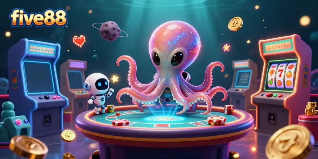 Engage with five88’s thrilling poker experience featuring an alien octopus and lively game elements.