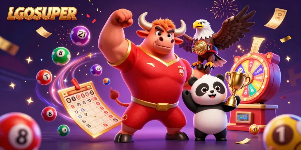 Celebrate wins at LGOSUPER with a vibrant scene of casino mascots and lottery elements.