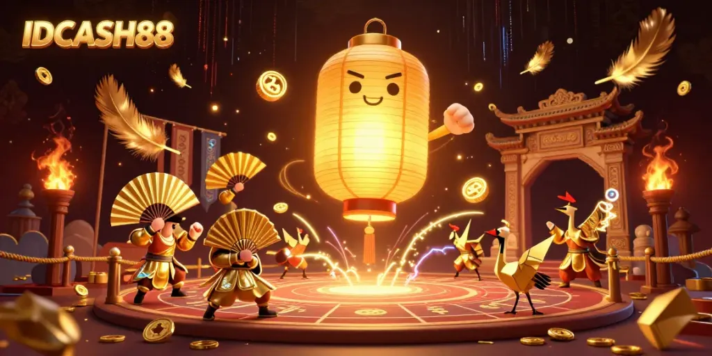 Engage with IDCASH88's vibrant luxury casino scene showcasing a golden lantern spirit and warriors.