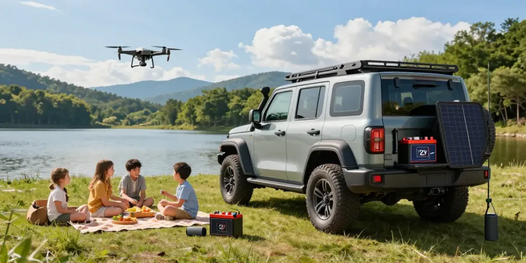 Family enjoying outdoor picnic lifestyle with a 12V battery system powering activities, surrounded by nature.