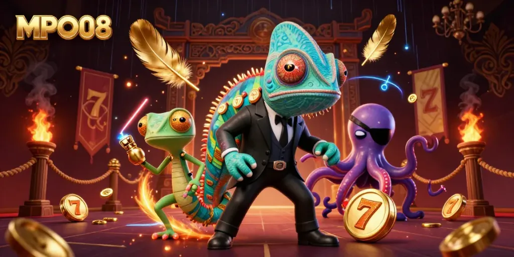 Engage with MPO08 in an electrifying casino scene featuring a chameleon agent, gadget gecko, and an octopus!