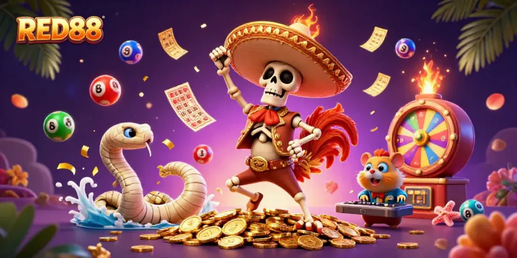 Experience thrilling moments with RED88 in a vibrant 3D casino scene featuring colorful elements and fun characters.