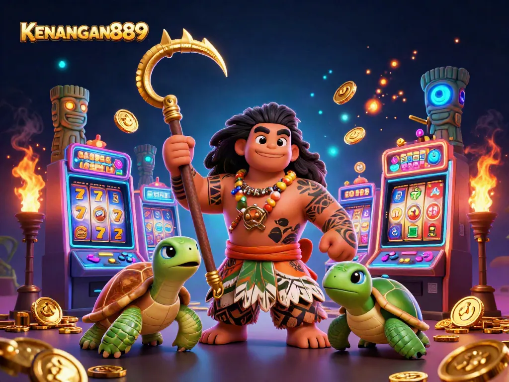 KENANGAN889 showcases an exciting casino scene with vibrant 3D characters, slot machines, and gold coins swirling around.