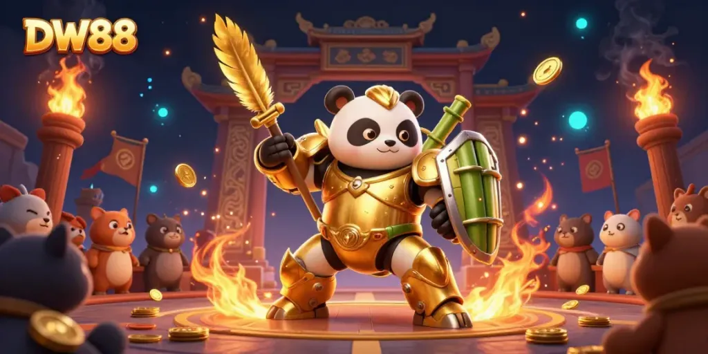 Experience thrilling gameplay at DW88 with a mech-suit panda in an exciting casino arena.