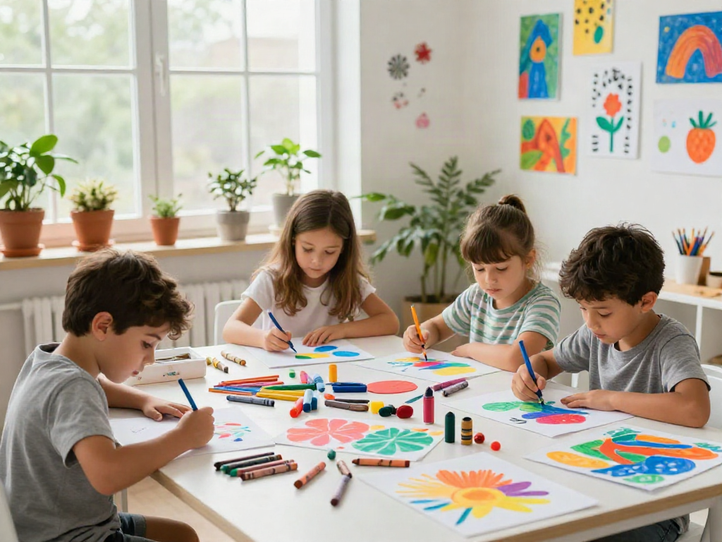 Children using various crayons in a colorful art studio, joyful creativity by a crayon manufacturer.