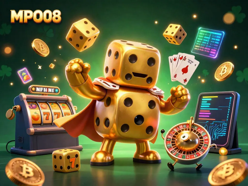Engage with MPO08's lively casino scene, showcasing a golden dice golem and vibrant game elements.