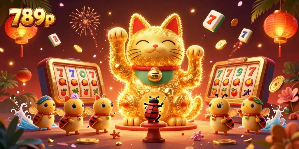 Engage with exciting 789p casino games featuring a golden cat amidst vibrant symbols.