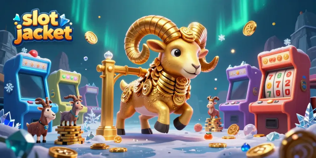 Experience the thrill of slot jackpot action with a golden ram charging through colorful arcade games.