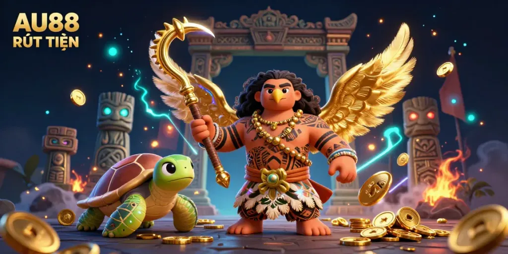 Engage with AU88 RÚT TIỀN through thrilling gaming strategies featuring vibrant characters and glowing casino elements.