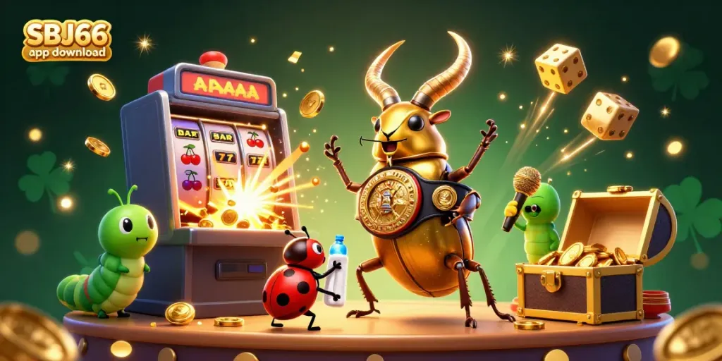 Experience the SBJ66 app download with a vibrant 3D illustration of a golden stag beetle confronting a slot machine, embodying casino excitement.