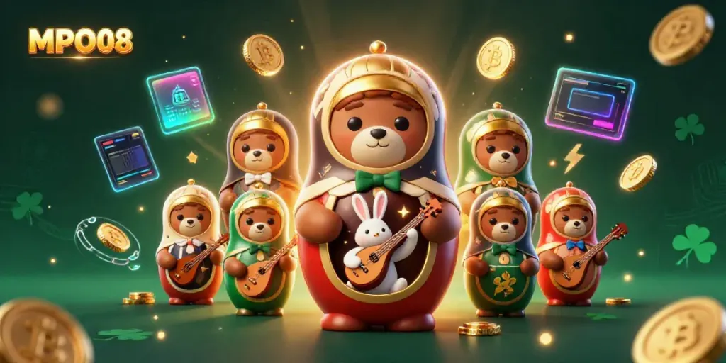 Experience thrilling gameplay at MPO08 with a vibrant 3D illustration showcasing unique casino elements.