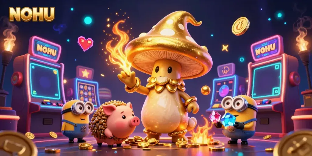 Experience the thrill of NOHU with magical golden gaming characters amidst vibrant casino slot machines.