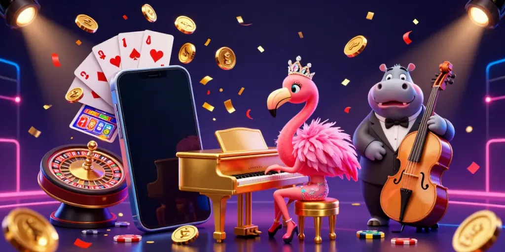 Engage with bolatoto in this vibrant casino scene showcasing a colorful slot game and dynamic characters.