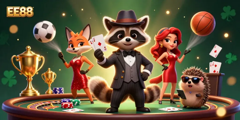 EE88 casino illustration featuring a suave raccoon, a charming fox, and a hedgehog bouncer amidst dynamic gambling elements.