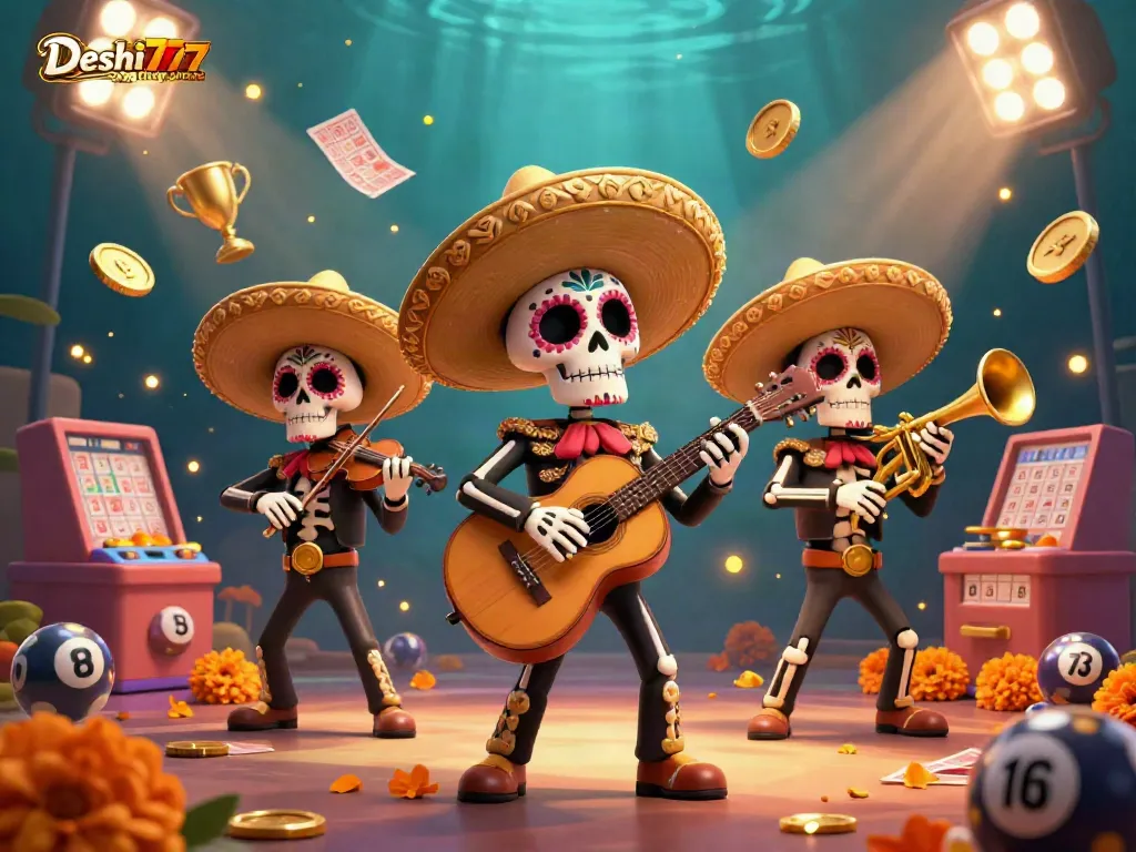Experience thrilling Deshi777 lottery games with vibrant Day of the Dead skeleton mariachi band and dynamic lottery elements.