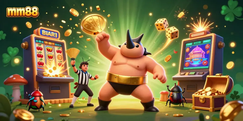 Experience the excitement of mm88 with a playful 3D beetle sumo champion amidst casino games and joyous elements.