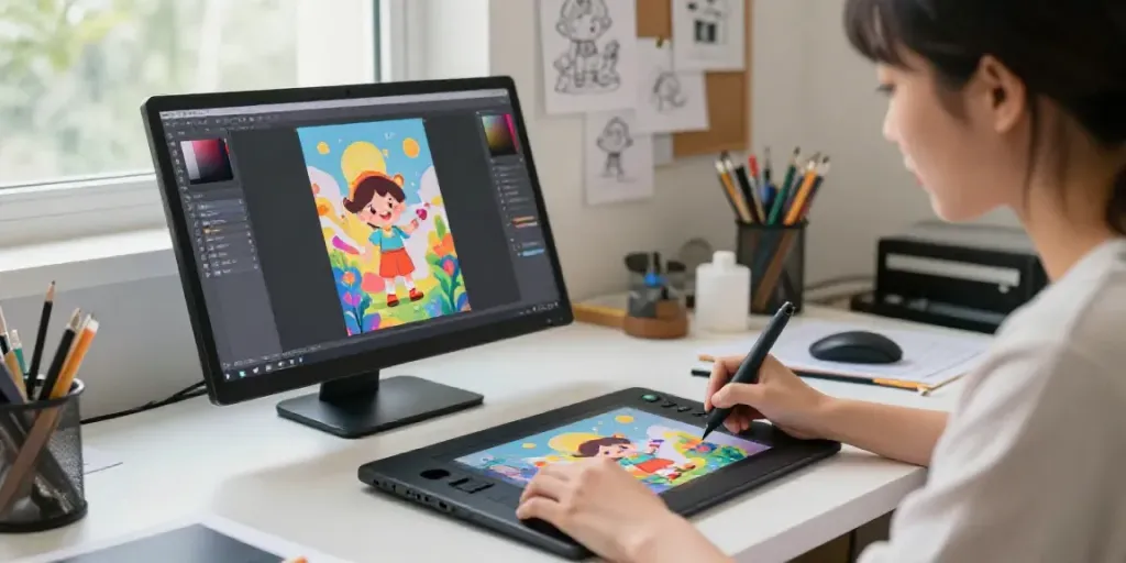 Artist using AI cartoon image generator to create colorful animated characters in a bright studio