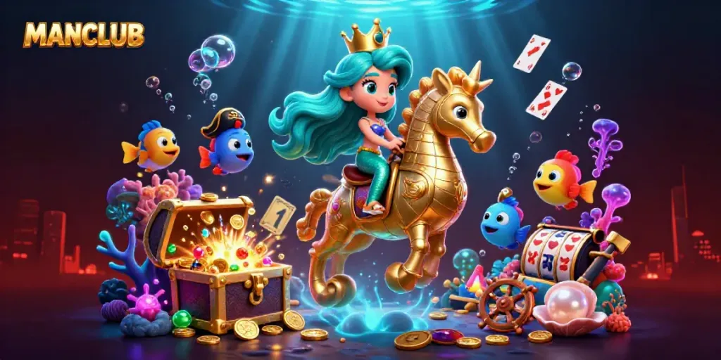Engage with MANCLUB's thrilling 3D casino scene featuring vibrant characters and lavish treasures.