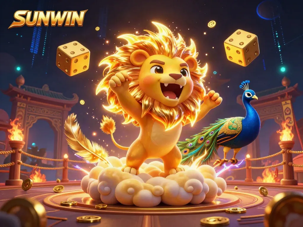 SUNWIN brings luck with vibrant casino elements and a roaring sun lion in a dynamic scene.