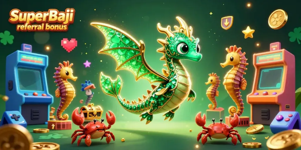 Win big with the SuperBaji referral bonus surrounded by vibrant casino-themed visuals.