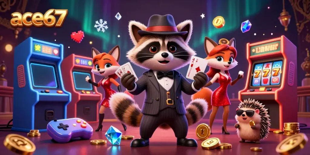 Experience ace67 with a raccoon holding a royal flush in a casino-themed digital scene.