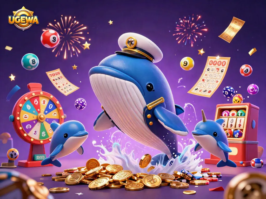 Experience the excitement at UGDEWA with a magical scene featuring a whale, narwhal, and dolphins amidst vibrant casino elements.
