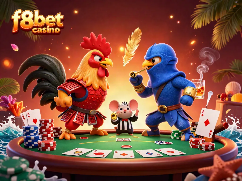 Engage in the thrilling action of f8bet casino with dynamic fighting roosters and poker elements.
